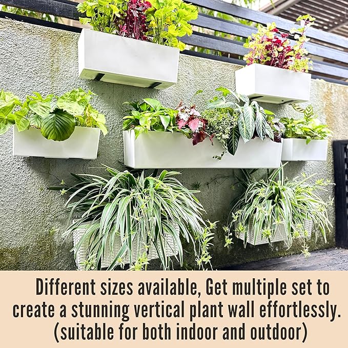 LaLaGreen Wall Hanging Planter Outdoor (4 Pack, 20 Inch) Wall Mounted Self Watering System Window Boxes with Bracket, White Rectangular Plant Pot Flower Box Container Indoor Modern Herb Kitchen Decor