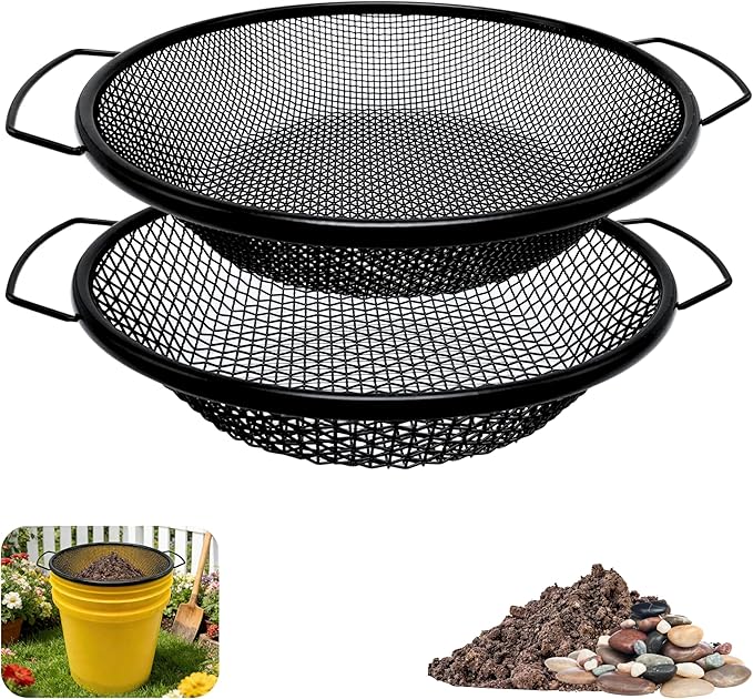 2Pcs Soil Sifter for Gardening, 3,6mm Grid Rock Sifter for 5 Gallon Bucket, Dirt Sifter, Compost Sifter for Capturing Dirt, Sand, Rocks, and Filtering Compost (Black)