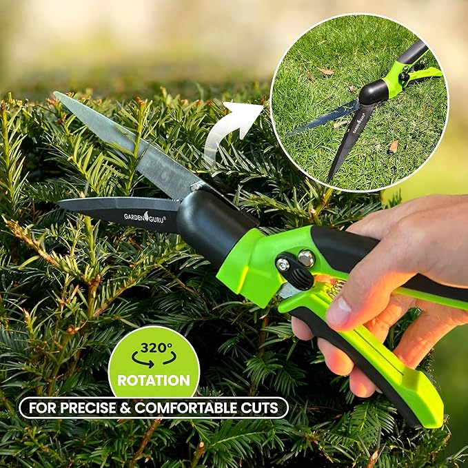 Garden Guru Hand Grass Clipper Scissors – Rotating Cutter Head with Safety Lock – Rust Proof High Carbon Steel Blades – Soft Comfort Grip Handles – Perfect for Lawn Edging, Shrubs, Flowers (4 Pack)