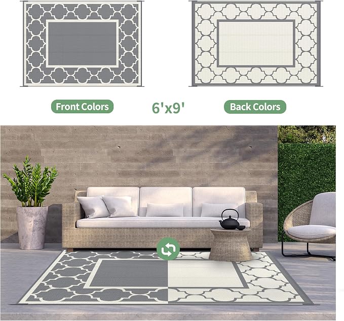 GENIMO 6' x 9' Outdoor Rug Waterproof for Patio Decor, Foldable Reversible Plastic Straw Area Rugs Mat for Camper, Outside Carpet for Rv, Deck, Porch, Picnic, Beach, Balcony, Grey & Beige White