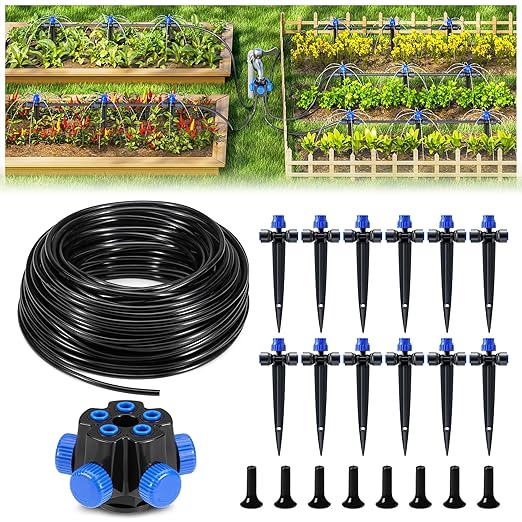 HIRALIY 50FT Garden Drip Irrigation Kit, Automatic Watering System with 5-Way Connector, Quick Connectors, Adjustable Drippers, Raised Bed, Patio