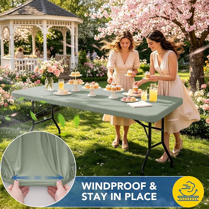 Fitted Tablecloth for 6 Foot Rectangle Tables-4 Pack Sage Elastic Outdoor Picnic Table Cover-Spandex Stretch Folding Table Cloths 6 ft for Camping Dining Room Patio Kitchen Banquet Party
