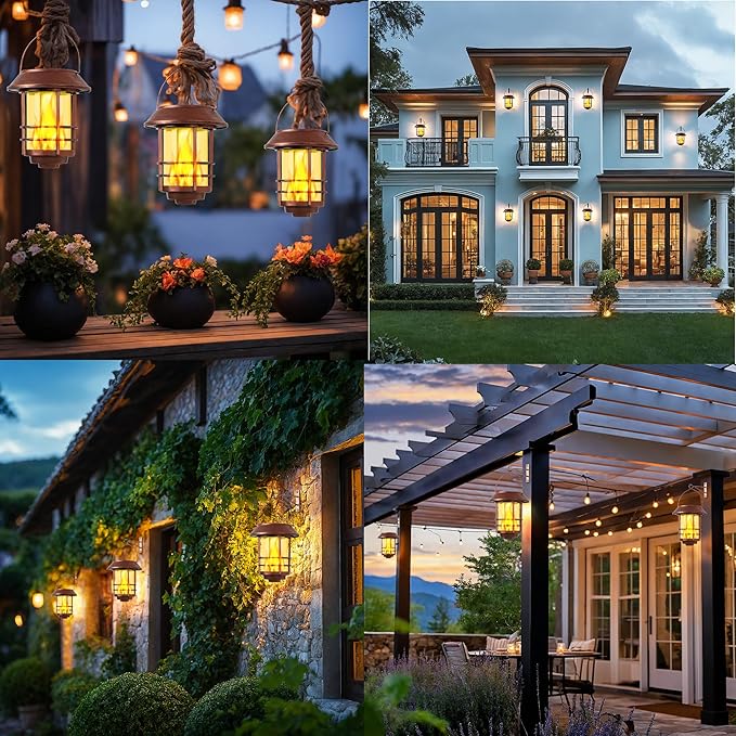 Otdair Solar Lanterns Outdoor Waterproof, 2 Pack Flickering Flames Wall Garden Decor , Hanging Solar Lights Wall Mount Decorations for Halloween, Front Porch, Patio, Yard, Bronze