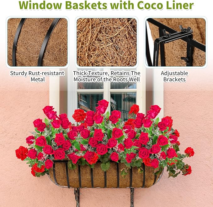Tessco for you 2 Pieces Railing Planter Boxes, 36 Inches Window Box Planters with Coco Liner and Adjustable Brackets for Deck Porch Fence Patio Balcony Gardening Outdoor Plants