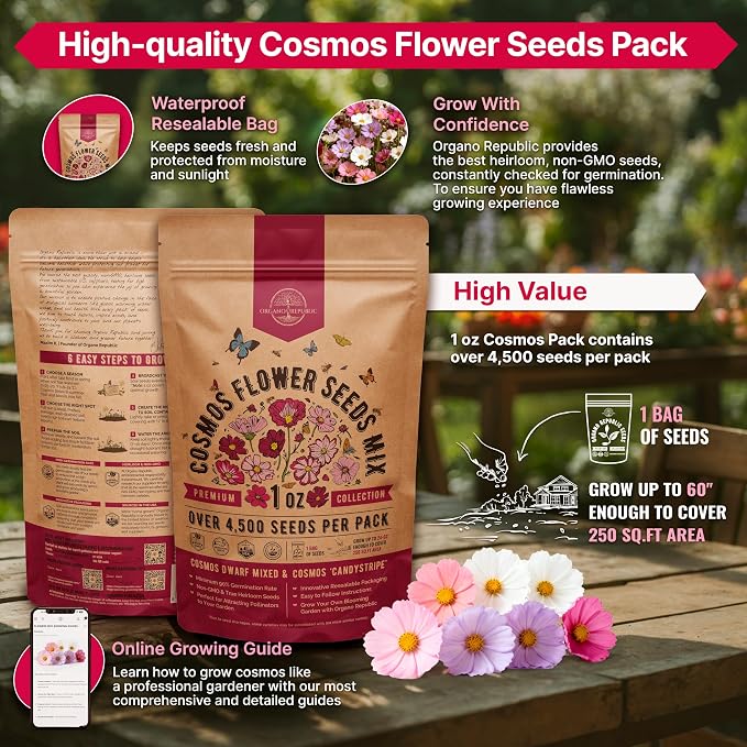 Cosmos Flower Seeds Pack 1 oz - 4,500 Non-GMO Heirloom Annual Seeds for Planting Indoor & Outdoor Gardening, Flower Seed for Garden in Resealable Packet, Floral Mix for Pollinators Perennial Mix