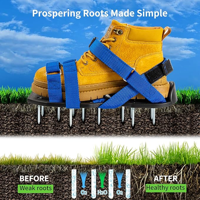 Lawn Aerator Shoes Pre-Assembled, Heavy Duty Lawn Spike Shoes with Adjustable Straps, Soil Aerating Tools for Yard Patio Garden, Includes Cleaning Shovel, Restores Lawn Health (Blue)