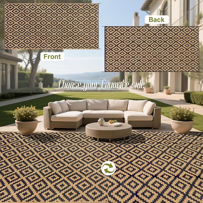 SAND MINE Reversible Mats, Plastic Straw Rug, Modern Area Rug, Large Floor Mat and Rug for Outdoors, RV, Patio, Backyard, Deck, Picnic, Beach, Trailer, Camping, Black & Brown, 10' x 20'
