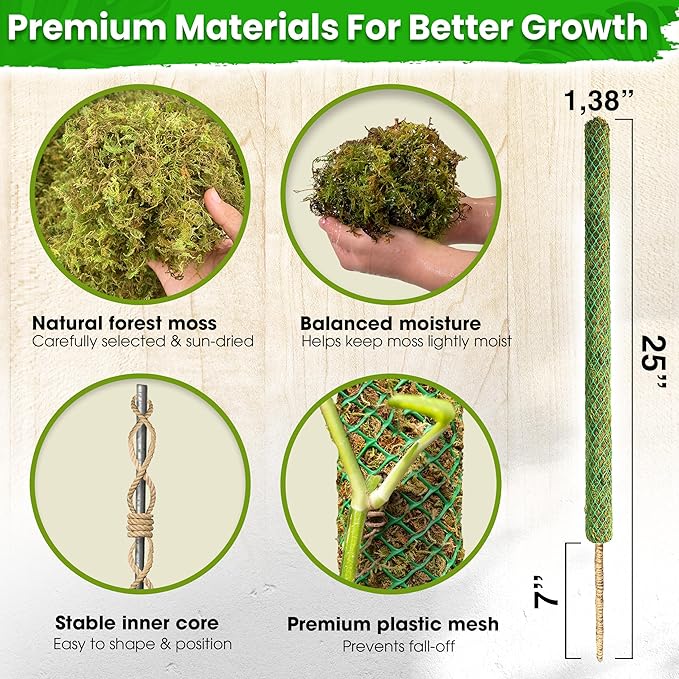 DUSPRO 4 Pack 25’’ Mesh Moss Pole for Climbing Plants, Natural Moss Pole Monstera Plant Support, Real Moss Poles for Plants Indoor, Moss Stick for House Plants, Moss Stakes for Climbing Plants