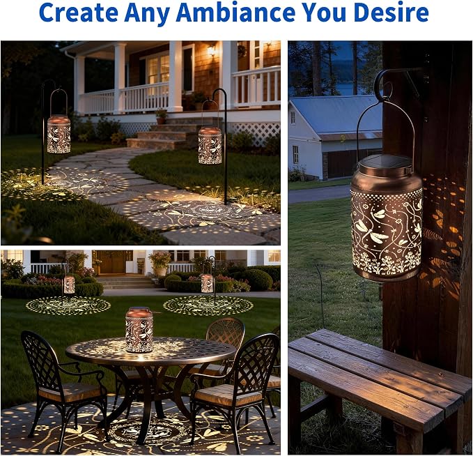 JEJOT Dragonfly Solar Lanterns Outdoor Waterproof, Mothers Day Gifts, Birthday Gifts for Women Mom Grandma,Metal Hanging Solar Lantern for Yard,Garden,Porch Landscape Deconrations-1 Pack