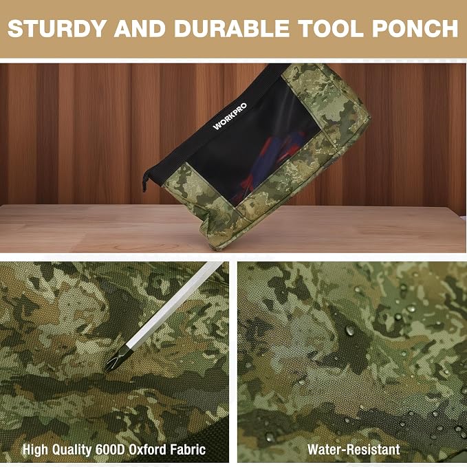 WORKPRO 12" Tool Pouches with Zipper, Heavy-Duty Small Tool Bag, Utility small tool pouch for Tool Organizers and Storage, Mini Tool Bag, 3 Pack, Camo
