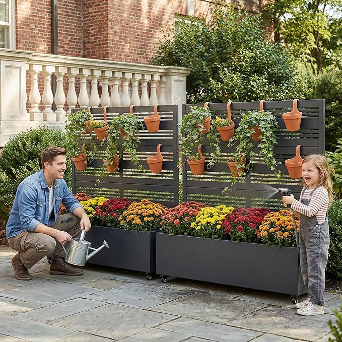 Casaphoria Metal Raised Garden Bed with Trellis and Wheels, 47"x47"x16" Planter Box for Climbing Plants, Vegetables & Vines, Features Drainage Holes and Privacy Screen (Black-Harold)