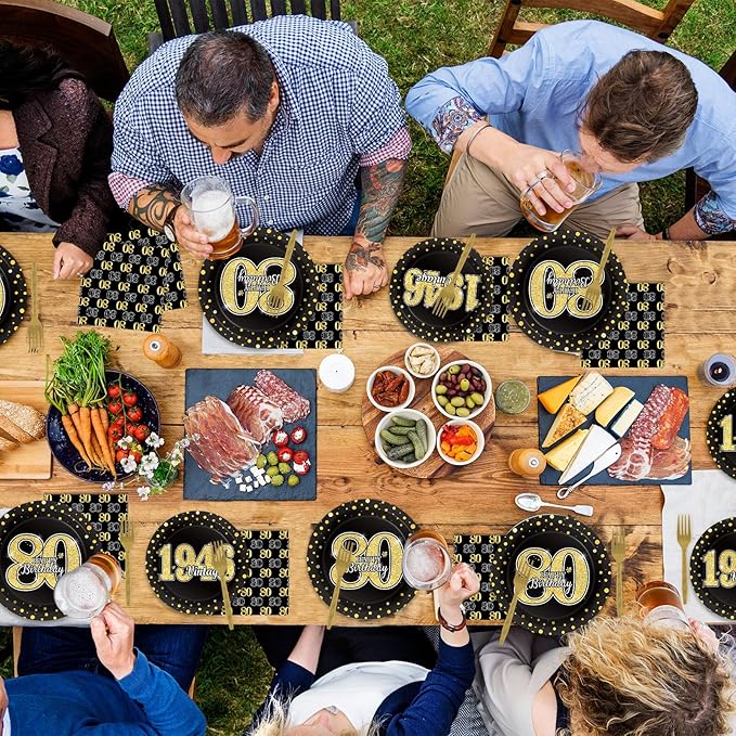 96PCS 80th Theme Birthday Party Tableware Vintage 1946 Party Supplies 80 Year Old Birthday Decorations Plates Napkins Forks Black and Gold Dinnerware Favors for Men or Women