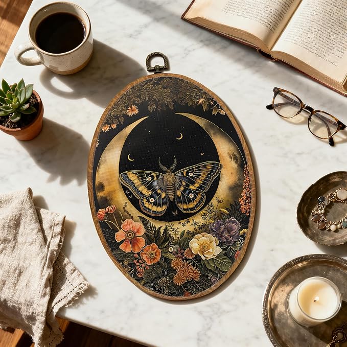 DOFQZ Vintage Dark Floral Moon Moth Oval Wall Art Decor, Art Nouveau Gothic Moth Framed Wall Art, Dark Academia Cottagecore Insect Canvas Walls Hanging Decor for Home Bedroom Living Room, 8.5x11.5