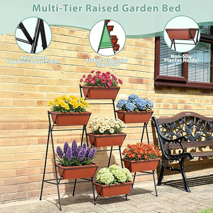 Sunexinlo 5-Tier Vertical Garden Planter with 7 Plant Boxes & Drainage Trays, Metal Freestanding Raised Bed for Herbs Flowers Vegetables, Indoor Outdoor for Patio Balcony Deck, Brick Red