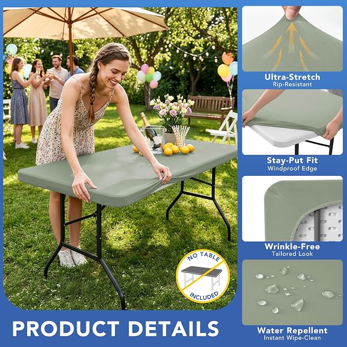 Fitted Tablecloth for 6 Foot Rectangle Tables-6 Pack Sage Elastic Outdoor Picnic Table Cover-Spandex Stretch Folding Table Cloths 6 ft for Camping Dining Room Patio Kitchen Banquet Party
