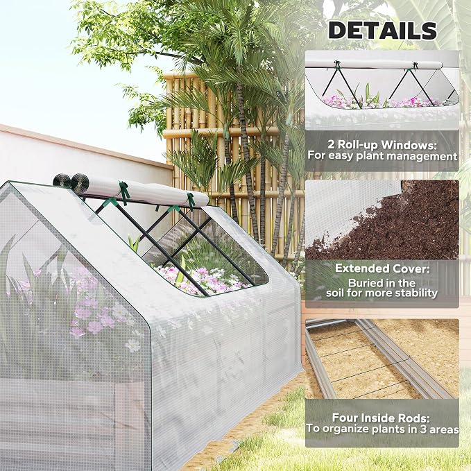 Outsunny 8.6 x 3 x 1ft Metal Planter Box with Mini Greenhouse, Galvanized Raised Garden Bed with Cover for Herbs and Vegetables, Small Greenhouse for Patio Garden Balcony, White and Silver