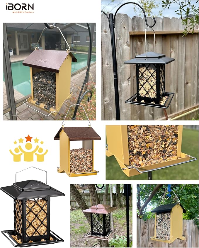 iBorn Bird Feeder House, Metal Bird Feeders for Outdoors Hanging,Double-Sided Metal Hanger & Weatherproof, Easy to Clean & Refill, 2.2 Lbs Capacity, Red