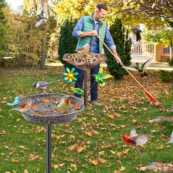 Metal Bird Bath for Outside, Birdbath Bowl Standing Bird Feeders for Outdoors with 5 Prongs Base Stake, Freestanding Birdfeeders for Garden Yard Lawn Decor (Brown 2-in-1 Bird)