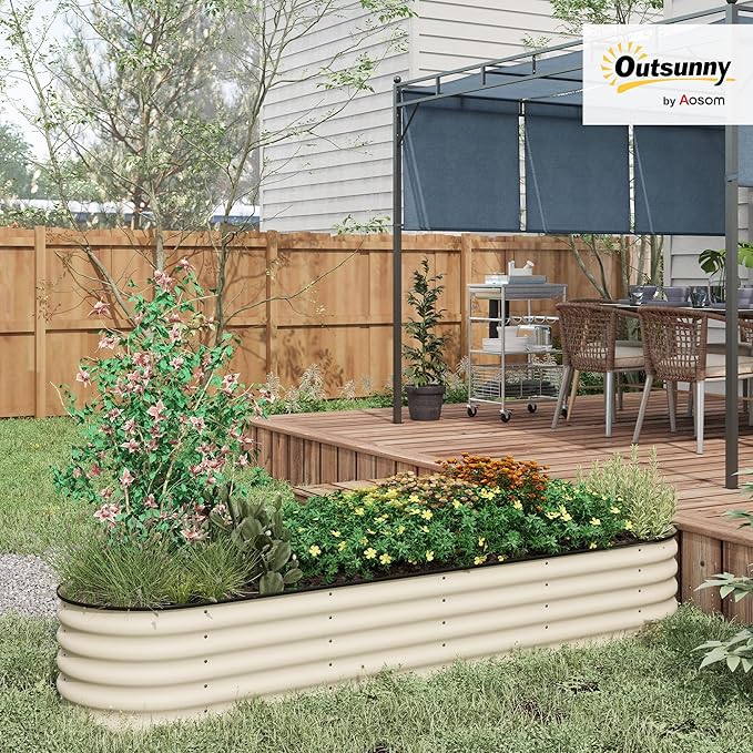 Outsunny 8' x 2' x 1.4' Galvanized Raised Garden Bed Kit, Outdoor Metal Elevated Planter Box with Safety Edging, Easy DIY Stock Tank for Growing Flowers, Herbs & Vegetables, Cream
