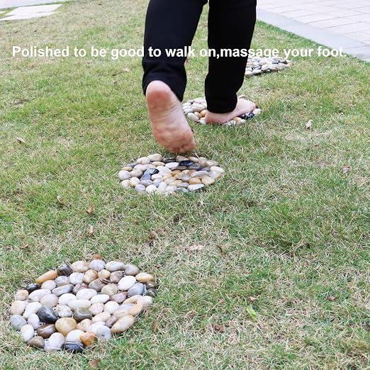 Natural Pebble Stepping Stones for Garden & Outdoor Walkways - 9 Inch Round Therapeutic Massage Stones, 6pcs Non-Slip Acupressure Floor Mats, Polished River Rock Decorative Stone Path