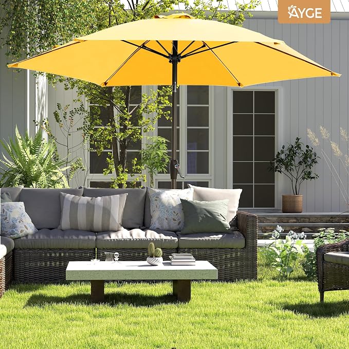Ayge 7.5FT Large Outdoor Patio Umbrella Market Table Umbrella-UV Resistant, Easy Push Button Tilt and Crank, 6 Sturdy Fiberglass Ribs Heavy-Duty Pool Umbrella for Deck, Backyard,Garden, Yard,Yellow