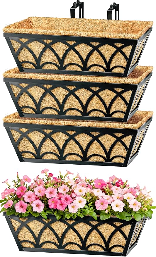 16 Inch Railing Planter Box Window Boxes Planters - 4 Pack Deck Railing Planter Boxes with Adjustable Brackets Coco Liners Balcony Planters Railing Hanging for Window Flower Boxes Outdoor Garden Decor