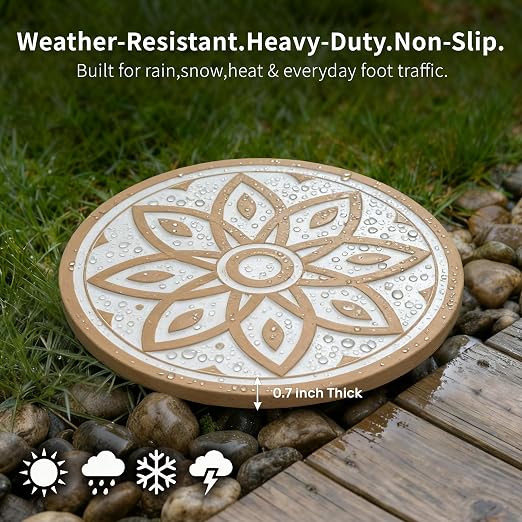 2 Pack Geometric Stepping Stones, 10” Round Cement Garden Path Stones, Mandala Mosaic Tile Design for Outdoor Patio Decor, Non-Slip & Weather-Resistant (Beige)