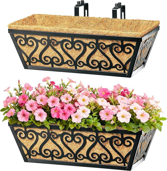 2 Pack 16 Inch Deck Railing Planter Box - Window Boxes Planters with Adjustable Brackets Coco Liners Balcony Planters Railing Hanging for Wind