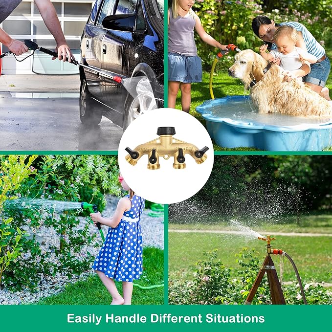 Hourleey Brass 4 Way Heavy Duty Garden Hose Splitter, Water Hose Splitter for 3/4" Hose Connector, Hose Faucet Splitter Hose Spigot Adapter 4 Valves with 4 Rubber Washers & Tape