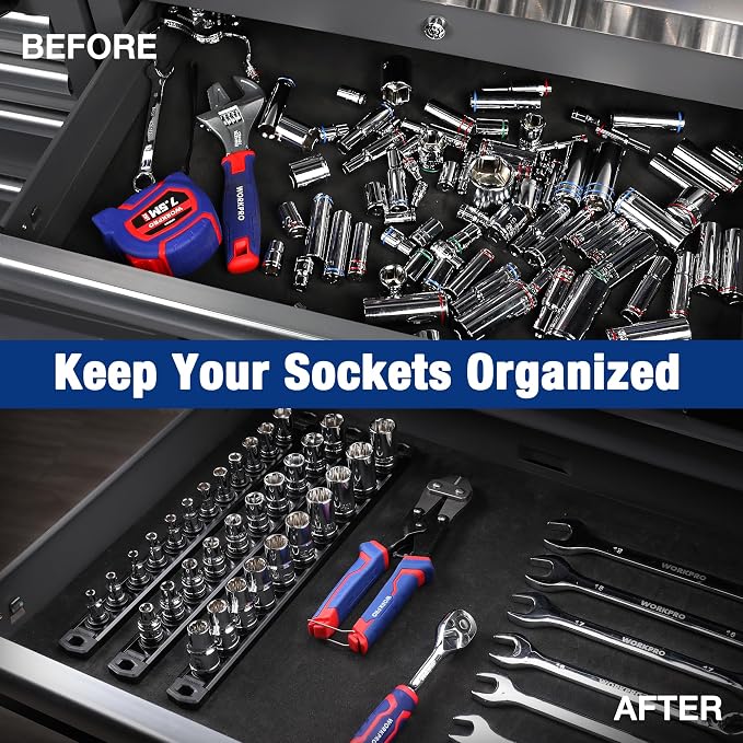 WORKPRO Magnetic Socket Organizer, 1/4-Inch Drive Aluminum Alloy Socket Rail, Heavy Duty Socket Holder, Socket Rack Kit 1/4-Inch x 12 Clips Black (Socket not Included)