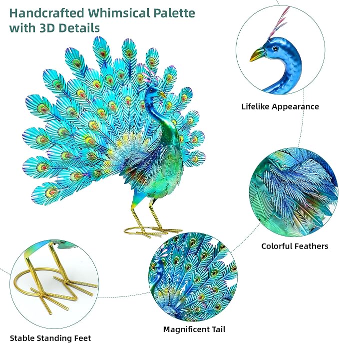 27.5" Metal Peacock Garden Statue with Tail Spread, Handmade 3D Textured Peacock Garden Sculptures Metal Yard Art for Patio, Garden or Entryway
