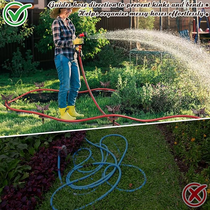 5 Pcs Garden Hose Guide Stake Bulk 9.45'' Rusty Butterflies Garden Hose Guide Spike Rust Decorative Cast Iron Stakes Heavy Duty Metal Outdoor Saver Tools for Lawn Yard Patio