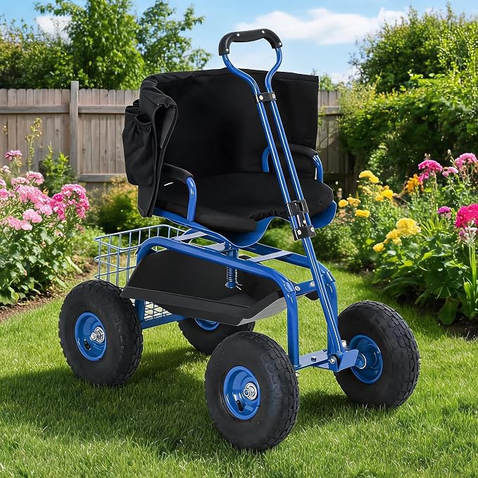 Rolling Garden Cart Workseat with Wheels, 360 Degree Swivel Gardening Stool, Extendable Steering Handle, Tool Tray, 10-Inch Inflatable Tires, Reinforced Steel Frame