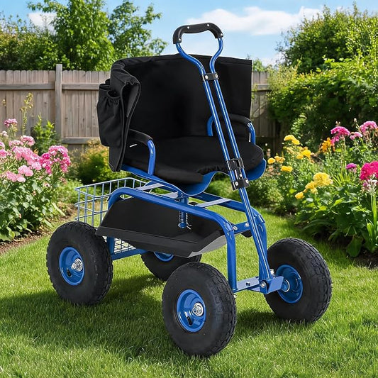 Rolling Garden Cart Workseat with Wheels, 360 Degree Swivel Gardening Stool, Extendable Steering Handle, Tool Tray, 10-Inch Inflatable Tires, Reinforced Steel Frame