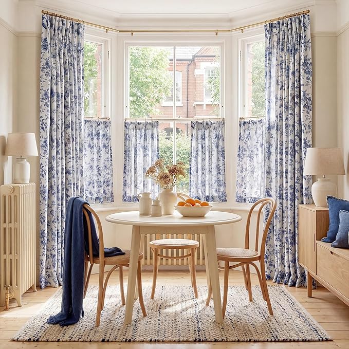 StangH Blue Cafe Curtains 36 Inch Length, Pinch Pleated Peony Floral Small Window Treatment, Elegant Farmhouse Tier Curtains for Kitchen & Bathroom, W26xL36，2 Panels