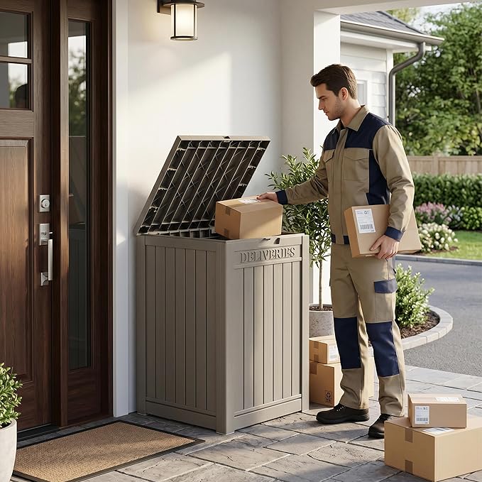 55 Gallon Package Delivery Boxes Outside Secure Waterproof Resin UV Resistant Lockable Mail Parcel Drop Mailbox Storage Deck Box for Outdoor Porch Patio Grey