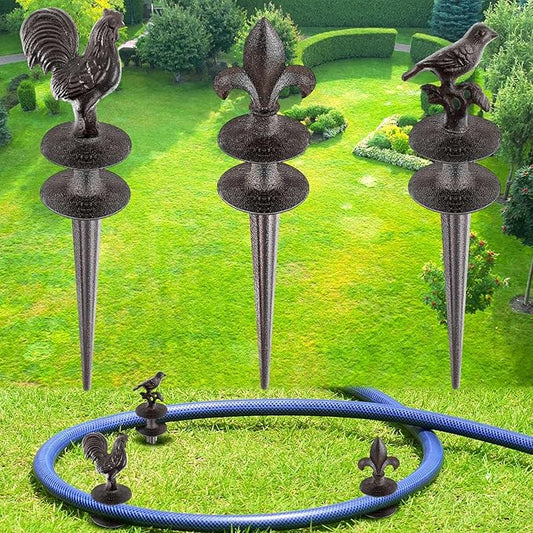 Briwooody 3 Pcs Garden Hose Guide Set Stakes Heavy Duty Cast Iron Water Hose Guide Spike Garden Stakes Decorative for Outside Flower Beds Plant(Rooster Iris Bird)