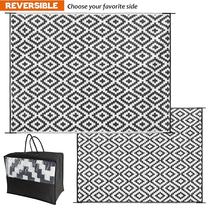 SAND MINE Waterproof Outdoor Rug 8x10 ft, Plastic Reversible Rug, Modern Area Rug, Large Floor Mat for Outdoors, RV, Patio, Backyard, Deck, Picnic, Beach, Camping (8' x 10', Black & White Lattice)