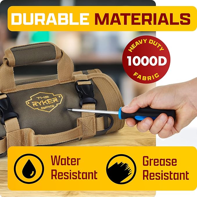 The Ryker Roll Up Tool Bag Organizer Gifts for him (2-pack) Heavy Duty Small Motorcycle Tool Roll Bag Organizer Portable Rollup Toolbag w/Detachable Pouches Mens gift for Dad, Mechanic & Hobbyist