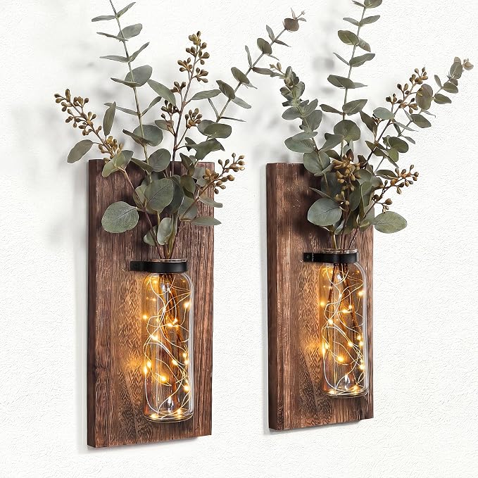 Heiple 2 Pack Wood Glass Wall Sconces, Farmhouse Planters for Indoor Plants, Rustic Decor for Living Room, Hanging Vase (Brown)