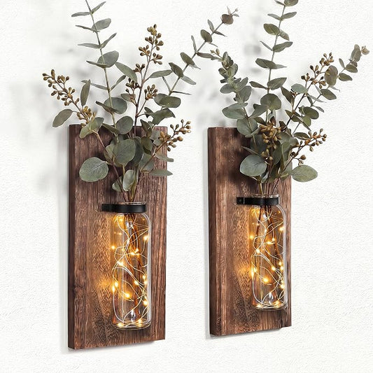 Heiple 2 Pack Wood Glass Wall Sconces, Farmhouse Planters for Indoor Plants, Rustic Decor for Living Room, Hanging Vase (Brown)