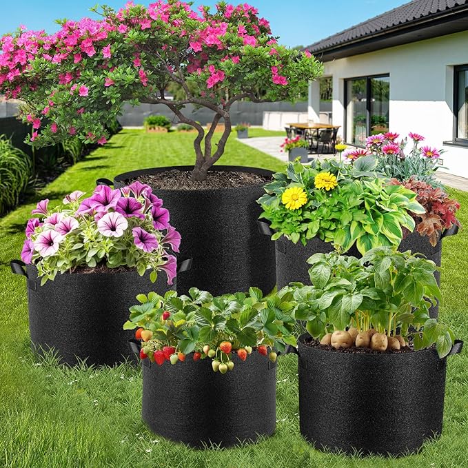 Jorvila 5 Pack 3 Gallon Grow Bags, Thickened Nonwoven Fabric Planter Pots with Handles, Heavy Duty 300G Garden Pots for Tomato, Potato and Vegetable