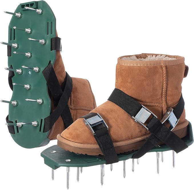 Lawn and Garden Aerator Spike Shoe with 3 Metal Buckle Straps, Green Spiked Sandal