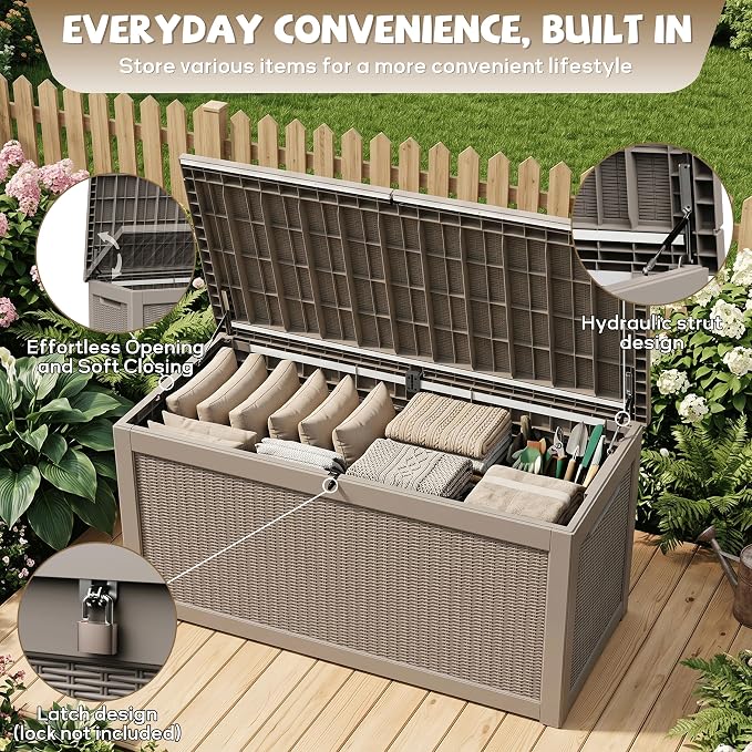 EasyUp 320 Gallon Deck Box, Large Deck Box for Indoor and Outdoor,Waterproof Storage Boxs for Patio Furniture,Garden Tools,Cushions, Lockable and UV Resistant,Easy to Install(Grey)