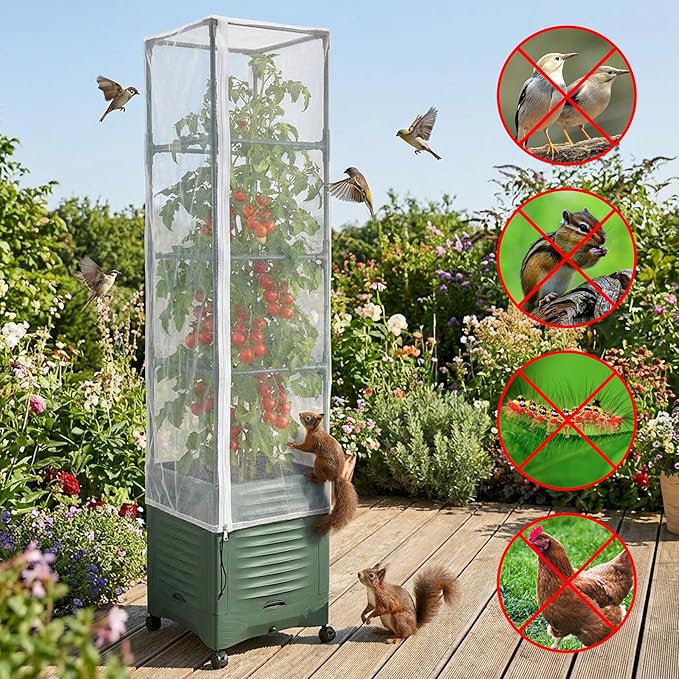 4 Pcs Garden Bird Netting Plant Cover for Square Tomato Cage, 59" x 17.7" Insect Bird Barrier Tomato Cage Net with Zipper & Drawstring, Tomato Trellis Netting Protection Cover for Protecting Plants