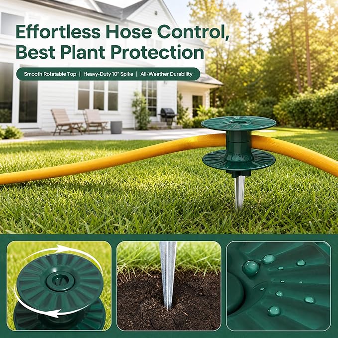 Zapdos 6PCS 10 Inch Heavy Duty Outdoor Yard Garden Hose Guides, Dark Green Metal Stakes with Rotatable Spin Top, Durable Hose Spikes Keep Water Hose Away from Flower Beds & Lawn Plants