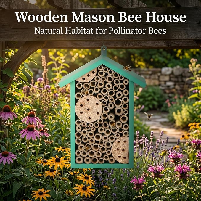 Topadorn Insect Habitat Wall Mounted Bee House Natural Bamboo Tube Bee Hotel with Metal Hanging for Outdoor Garden or Yard Bee House Attracts Many Types of Bees,Green