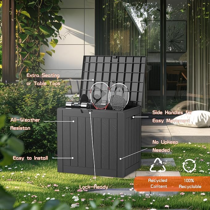 EasyUp 32 Gallon Resin Deck Box Waterproof, UV Resistant Outdoor Storage Box for Delivery, Patio, Garden,and Porch,Striped Black