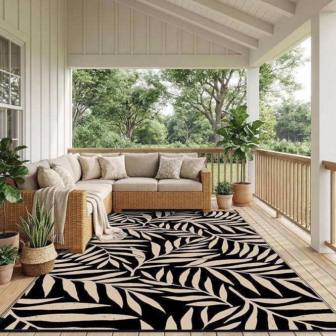 Smiry Outdoor Rug 6x9 ft, Waterproof Reversible Plastic Straw Rugs, Outdoor Area Rug with Leaf Pattern, Outside Floor Mat for Patio, Backyard, Deck, Picnic, Beach, Camping, Black & Beige