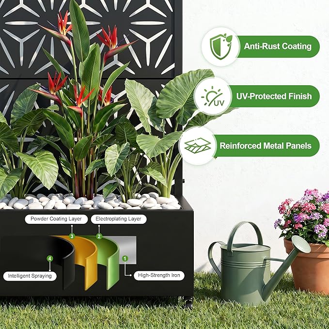 Casaphoria Metal Raised Garden Bed with Trellis and Wheels, 72"x47"x16" Planter Box for Climbing Plants, Vegetables & Vines, Features Drainage Holes and Privacy Screen (Black-Star)